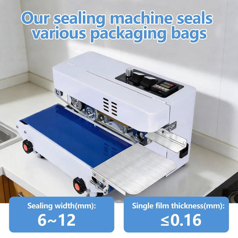 Rock Solid Commercial Heat Sealer Machine With Digital Temperature Control And Smoothly Adjustable Speed Heavy Duty Desktop Continuous Bag Band Sealer For Plastic Films And Quick Packing on countertop, showing sealing width and thickness specifications.