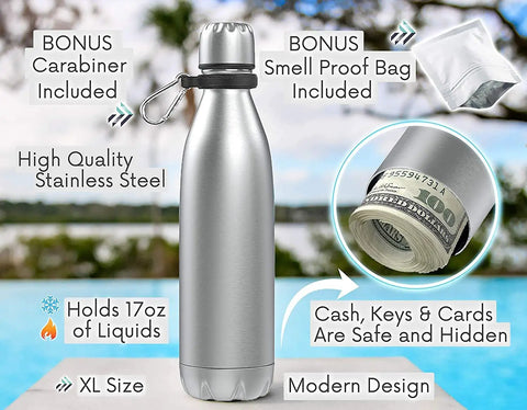 Dual Chamber Water Bottle With Hidden Storage Stash Compartment Insulated Double Walled Stainless Steel Tumbler 17oz Matte Black