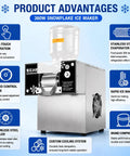 Heavy Duty Commercial Fluffy Ice Maker And Quick Chill Shaved Ice Machine for Desserts with stainless steel components and controls.