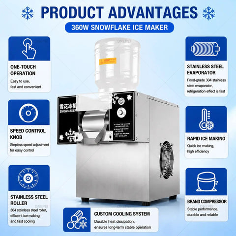 Heavy Duty Commercial Fluffy Ice Maker And Quick Chill Shaved Ice Machine for Desserts with stainless steel components and controls.