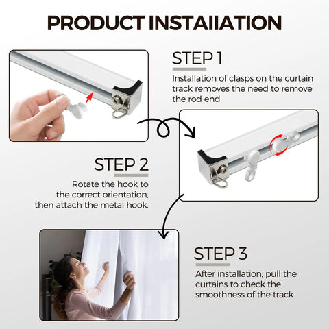Plastic White 29mm Traverse Rod Slides and Metal Curtain Hooks Set, Snap In Curtain Track Gliders for Easy Drapery Replacement, 50 Pcs, DIY Home Upgrade, installation steps
