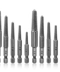 Ten Piece Damaged Screw Remover Kit With One Quarter Inch Hex Shank High Speed Steel For Easy Out Of Stripped Screws Five Sizes