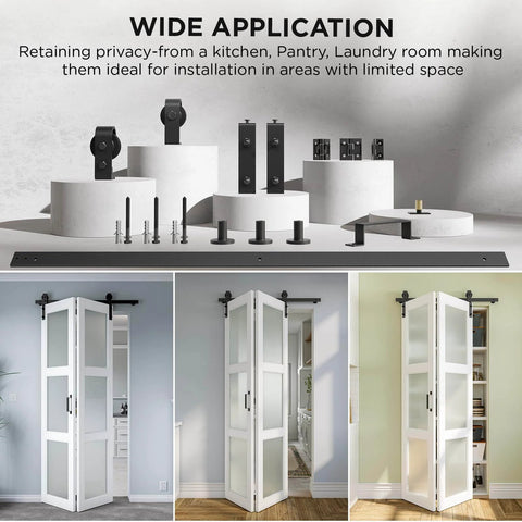 No Fuss Space Saver 30 By 84 Inch Bifold Sliding Barn Door With Hardware Kit Included, preassembled in white finish.