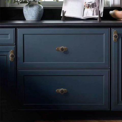 Vintage Antique Brass Cabinet Knobs With Backplates 8 Pack Drawer Pulls on blue kitchen cabinets