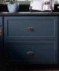 Vintage Brass Cabinet Knobs With Backplates 4 Pack for Kitchen and Dresser Cabinets on blue drawers showcasing floral design.