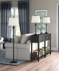 Traditional Black 3 Piece Lamp Set With White Fabric Shades Table Lamps And Floor Lamp Trio Perfect For Living Room Bedroom Study Includes Two 26.5 Inch Lamps And One 57.5 Inch Floor Lamp 100W E26 Compatible in living room setting