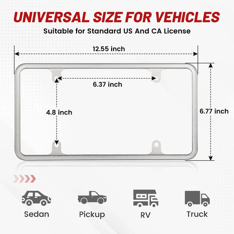 Stainless Steel License Plate Frame With Screws, Slim Chrome Silver Finish, 6 x 12 Inches, Universal Fit For Cars And Vans
