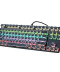 Killer Mechanical Gaming Keyboard With 107 Keys Wired Blue Switches Hella Smooth Typing And Dope Dynamic Backlight Tough Metal Frame, angled view.