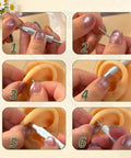 Step-by-step use of Piercing Tapers Set 14G 16G 18G with Ball Grabber Tool, showing insertion in a synthetic ear model.