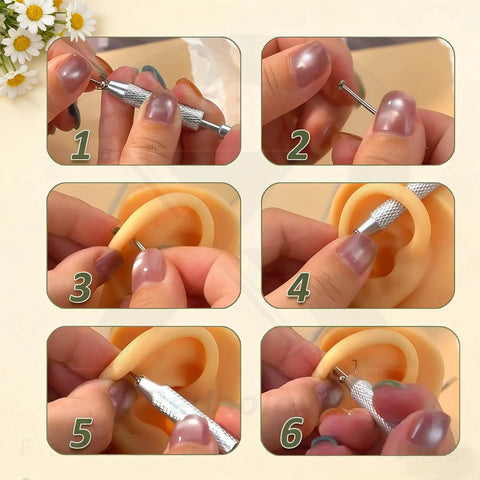Step-by-step use of Piercing Tapers Set 14G 16G 18G with Ball Grabber Tool, showing insertion in a synthetic ear model.
