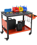 Heavy Duty Steel Welding Table With Wheels, 36 By 24 Inch Rolling Workbench For Garage And Workshop featuring tools and storage bins.
