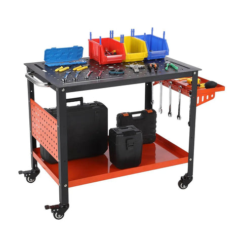 Heavy Duty Steel Welding Table With Wheels, 36 By 24 Inch Rolling Workbench For Garage And Workshop featuring tools and storage bins.