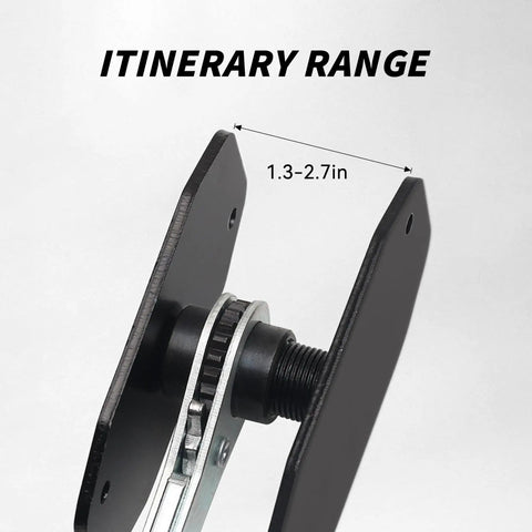 Close-up of Brake Caliper Compression Tool With 360 Rotating Ratchet Piston Spreader, showing 1.3-2.7in range, black steel