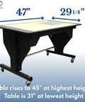 Smooth Electric Height Adjusting Sewing Table With Remote Control And Tilt Top Setup Rock Solid For Standing Or Sit Down Crafters Includes Large Cutting Mat And No Sweat Motorized Lift In Classic Black showing dimensions 47x29.25 inches.