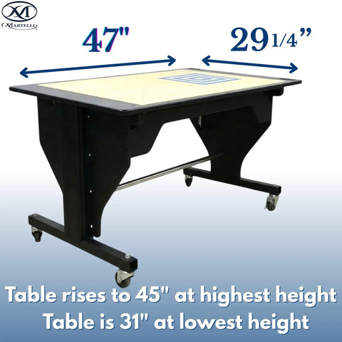 Smooth Electric Height Adjusting Sewing Table With Remote Control And Tilt Top Setup Rock Solid For Standing Or Sit Down Crafters Includes Large Cutting Mat And No Sweat Motorized Lift In Classic Black showing dimensions 47x29.25 inches.