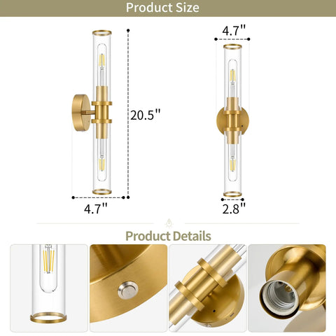 Battery Operated Wireless Wall Sconces With Remote 2 Pack Gold Dimmable Glass Wall Lights with dimensions and details