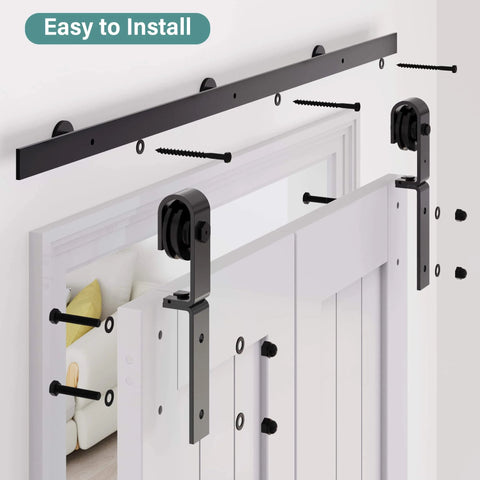 Installation view of Carbon Steel Bifold Barn Door Hardware Kit For 32 Inch Closet Doors 3ft Track Smooth Quiet Black