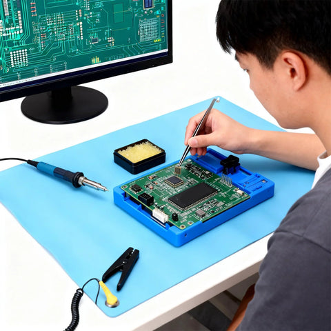 Fabater anti-static ESD mat on blue work surface with PCB board and grounding wire