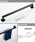 Matte Black Bathroom Hardware Kit 4 Piece Stainless Steel Heavy Duty Wall Mounted Towel Rack Toilet Paper Holder Hand Towel Bar Robe Hook For Modern Bathroom showing towel rack with installation parts and dimensions.