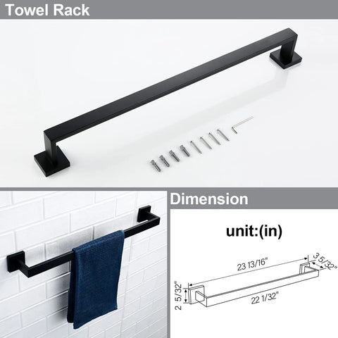 Matte Black Bathroom Hardware Kit 4 Piece Stainless Steel Heavy Duty Wall Mounted Towel Rack Toilet Paper Holder Hand Towel Bar Robe Hook For Modern Bathroom showing towel rack with installation parts and dimensions.