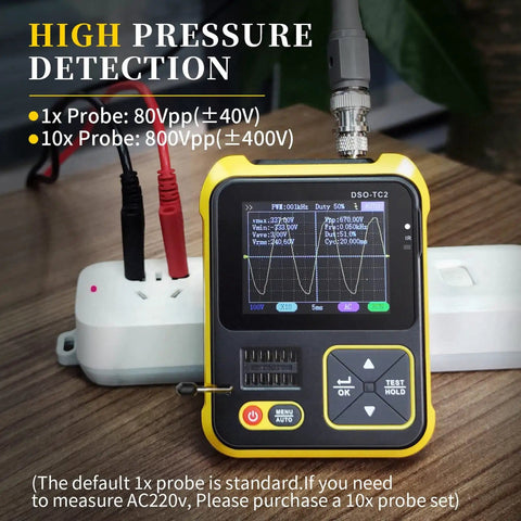 2 In 1 Handheld Digital Oscilloscope And LCR Transistor Tester Kit with PWM Signal Generator on wooden table displaying waveform