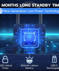 Fingerprint Padlock With Key Backup Weatherproof Biometric Lock With Bluetooth App Control Keyless Smart Electronic Lock For Outdoor Fence Gate Pool Shed Gym Locker Yard Long Shackle Security For Home Travel showcasing technology features including 9-month standby time and 160mAh lithium battery.