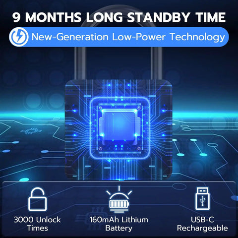 Fingerprint Padlock With Key Backup Weatherproof Biometric Lock With Bluetooth App Control Keyless Smart Electronic Lock For Outdoor Fence Gate Pool Shed Gym Locker Yard Long Shackle Security For Home Travel showcasing technology features including 9-month standby time and 160mAh lithium battery.
