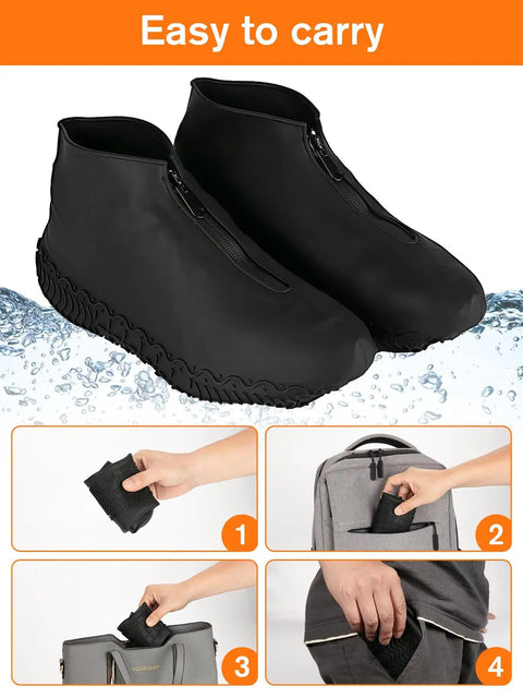 Waterproof Silicone Shoe Covers Overshoes With Non Slip Grip For Men Women Kids, black, showcasing portability steps.