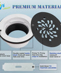 Round Shower Base Drain With 2 Inch Pipe PVC Compression No Caulk 304 Stainless Steel Waterproof Rubber Matte Black Strainer