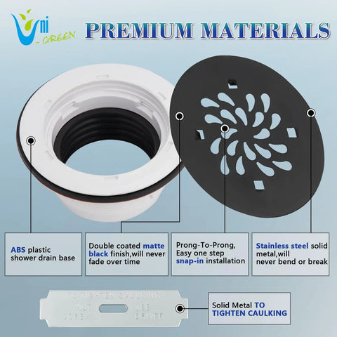 Round Shower Base Drain With 2 Inch Pipe PVC Compression No Caulk 304 Stainless Steel Waterproof Rubber Matte Black Strainer