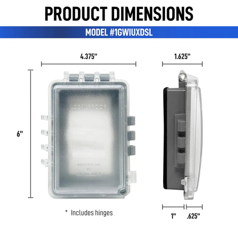 Lockable Weatherproof 1 Gang Outdoor Outlet Cover With Slim Low Profile Design, Plastic Construction, Front and Side View