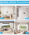 Extra Long No Drill Tension Curtain Rod Extends From 40 To 166 Inches Heavy Duty Adjustable Rod in various room settings.