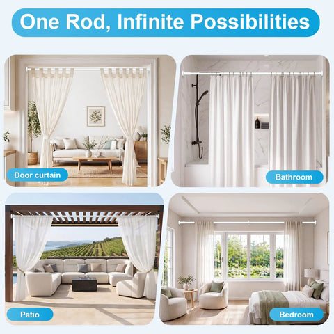 Extra Long No Drill Tension Curtain Rod Extends From 40 To 166 Inches Heavy Duty Adjustable Rod in various room settings.