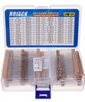 BOJACK 1000-piece resistor kit in clear case; carbon-film resistors 1 ohm–1 megaohm, 5%, 1/4W, 25 values.