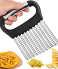 Crinkle cutter with stainless steel wavy blades and black ergonomic handle; hand-held for potatoes and vegetables.