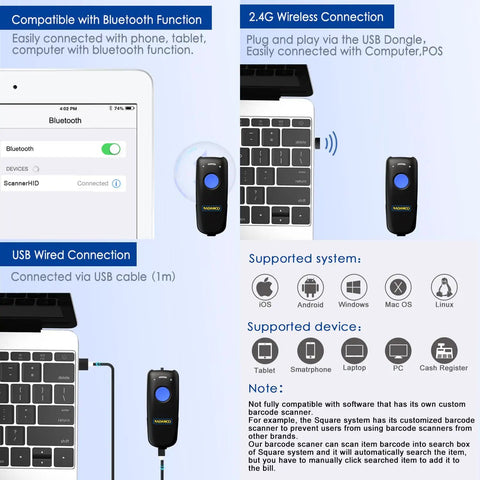Image showing 3-In-1 Wireless Barcode Scanner with Bluetooth 2.4G USB Dongle and Wired Mode for iPhone iPad Android Windows Mac OS.