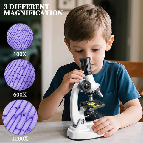 Awesome 65 Piece Kids Microscope Kit With 100X To 1200X Magnification Includes 12 Specimens 45 Blank Slides Tweezers Dropper Culture Dish Storage Box And Guide For Ages 3 To 13, boy using plastic microscope