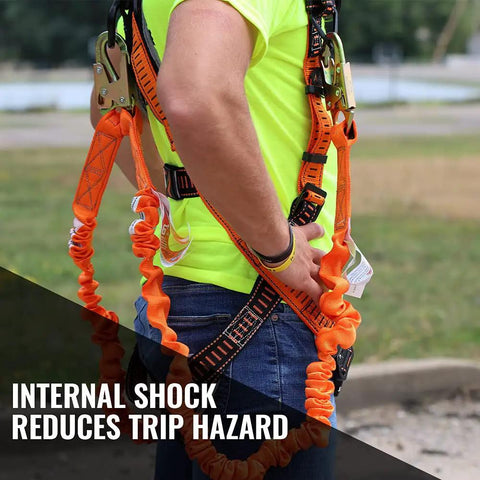 Person wearing 4.5 To 6 Ft Double Leg Stretch Lanyard With Internal Shock Absorber And Three Steel Snap Hooks For Fall Protection