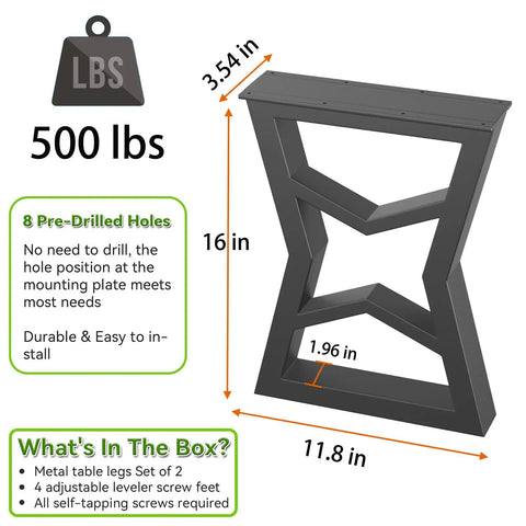 Heavy Duty Metal Table Legs 28 Inch High Square Black Steel Set Of 2 with pre-drilled holes and 500 lb capacity illustration