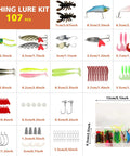 Fishing lure kit from All In One Fishing Backpack With Rod Holder And Tackle Boxes 113 Piece Gear Kit, showing various lures and hooks.