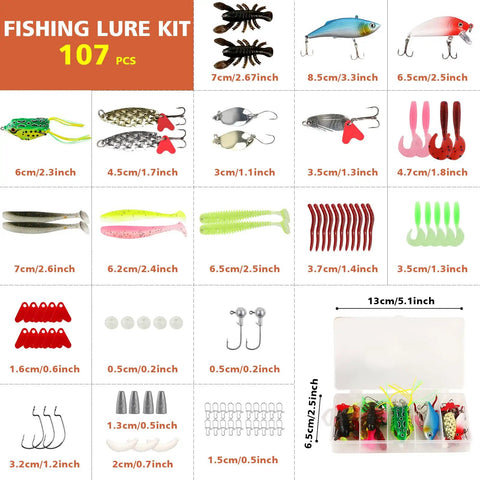 Fishing lure kit from All In One Fishing Backpack With Rod Holder And Tackle Boxes 113 Piece Gear Kit, showing various lures and hooks.