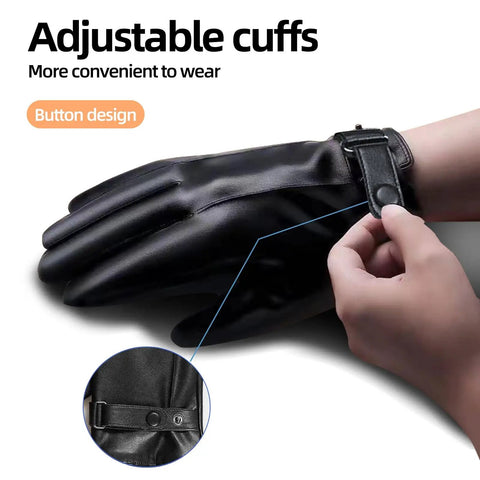Buttery Soft Leather Gloves For Men With Touchscreen Compatible Fingertips And Plush Cashmere Lining Ride Ready Daily Driver Staple Solid Winter Go To Gear Gift Pick In Sleek Black with adjustable cuffs and button design.