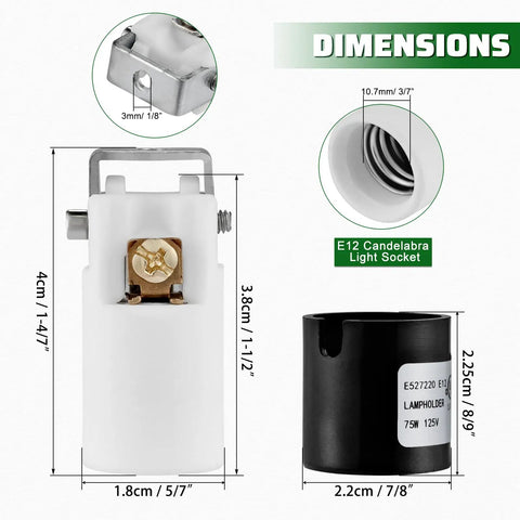 Heavy Duty Ceramic E12 Bulb Sockets Kickin Durability Straight Forward Wiring showing dimensions and iron mount brackets.