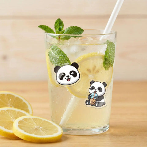 Glass with lemonade and mint leaves featuring panda stickers from the 12 Piece Sublimation Paper Set For Sublimation Printers And Ink