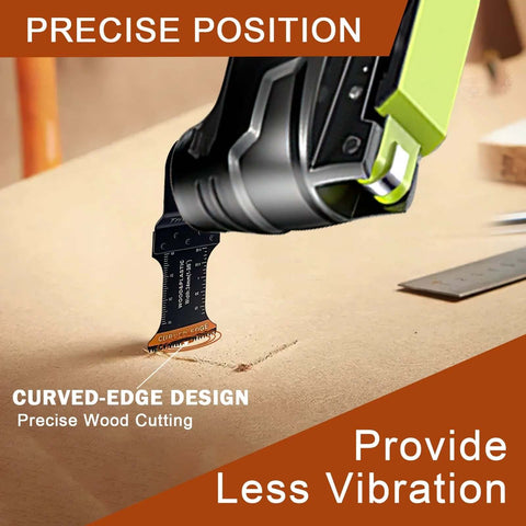 Curved-edge oscillating tool blade on a multitool, black blade with orange edge label for wood cutting