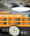 320W UFO High Bay LED Lights 10 Pack, 45,000 Lumen, 6500K Daylight, IP65 Waterproof, Heavy Duty Shop Lights For Warehouse Workshop Factory Gym With 6.6 Ft Plug Cord, featuring specifications and lighting effect.