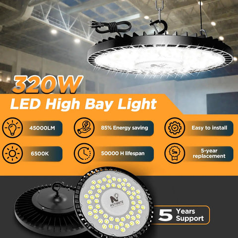 320W UFO High Bay LED Lights 10 Pack, 45,000 Lumen, 6500K Daylight, IP65 Waterproof, Heavy Duty Shop Lights For Warehouse Workshop Factory Gym With 6.6 Ft Plug Cord, featuring specifications and lighting effect.