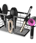 Front view of 3 In 1 Metal Hair Tool Organizer Wall Mounted Holder For Hair Dryer, Flat Iron, Curling Iron, Straightener And Styling Tools, Bathroom Storage Solution In A Sleek Black Finish holding various hair tools.