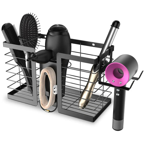 Front view of 3 In 1 Metal Hair Tool Organizer Wall Mounted Holder For Hair Dryer, Flat Iron, Curling Iron, Straightener And Styling Tools, Bathroom Storage Solution In A Sleek Black Finish holding various hair tools.