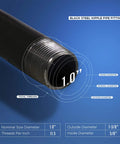 Close-up of black steel nipple pipe with threaded end, labeled dimensions, part of Malleable Black Pipe And Fittings Kit For Do It Yourself Projects.